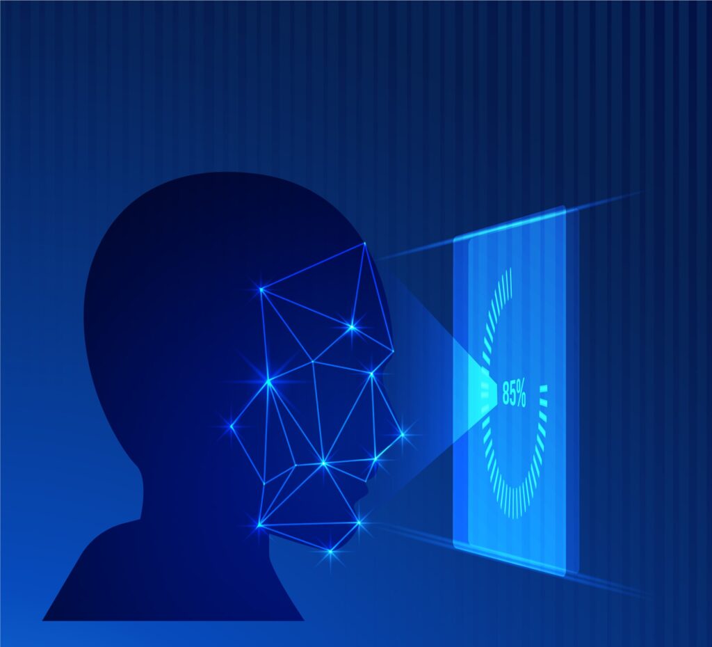 Digital illustration of facial recognition technology scanning a person’s face, symbolizing biometric privacy for executives and data protection risks.