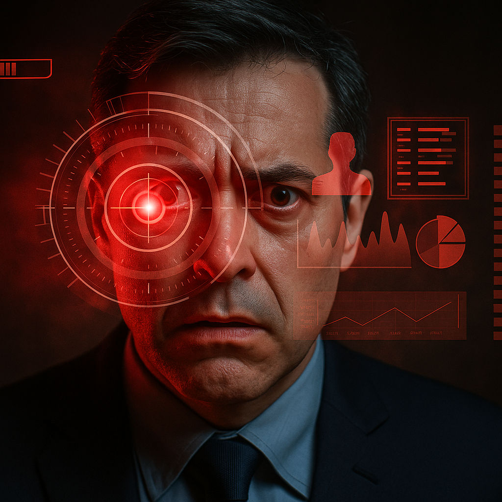 An executive under biometric facial scan with red digital data overlays, representing the risks of biometric privacy for executives without proper safeguards.