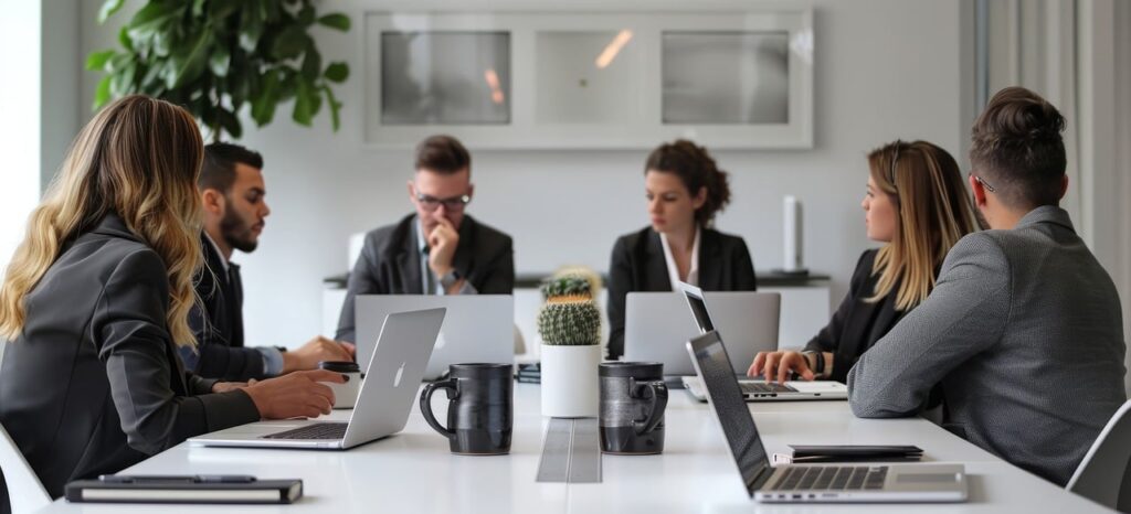 Image of CEO looking at reports while others wait his response.
