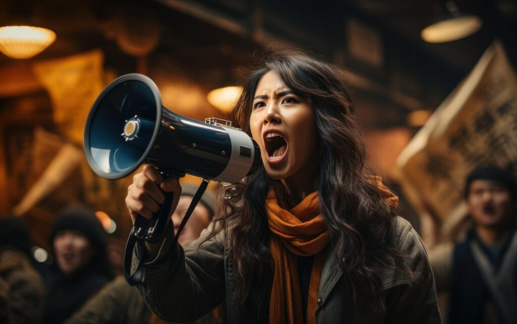 Angry woman shouting into megaphone representing online outrage and social media backlash