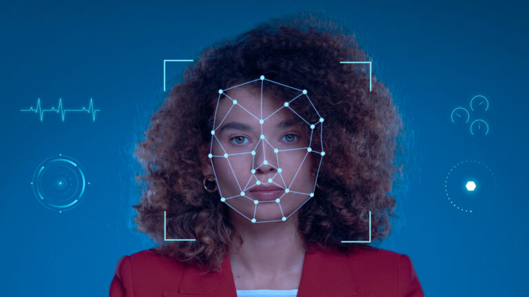Woman facing camera with facial recognition points mapped on her face, surrounded by futuristic digital interface graphics, on a blue background