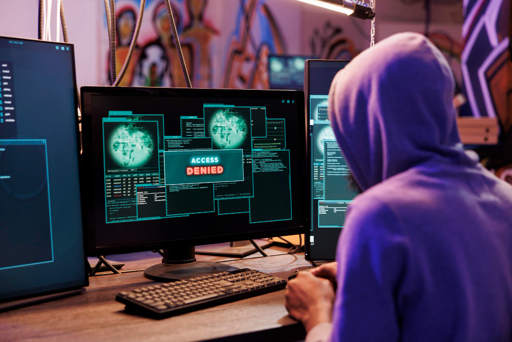 Image of hacker sitting by a computer trying to hack it but being unsuccessful