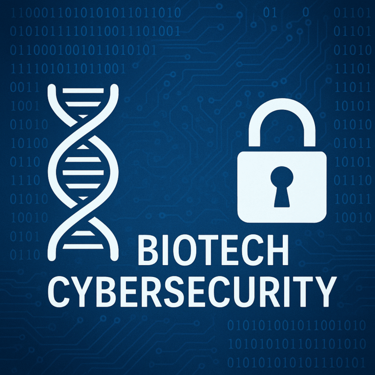 A digital graphic showing a DNA helix and padlock icon labeled “Biotech Cybersecurity” on a binary code background, symbolizing data protection in biotech.
