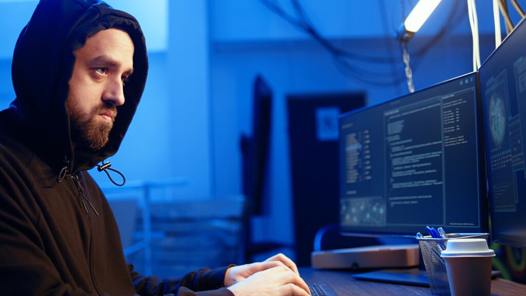 Biotech cybersecurity showing Close up of hacker in graffiti painted hideout focused on developing spyware for biotech company