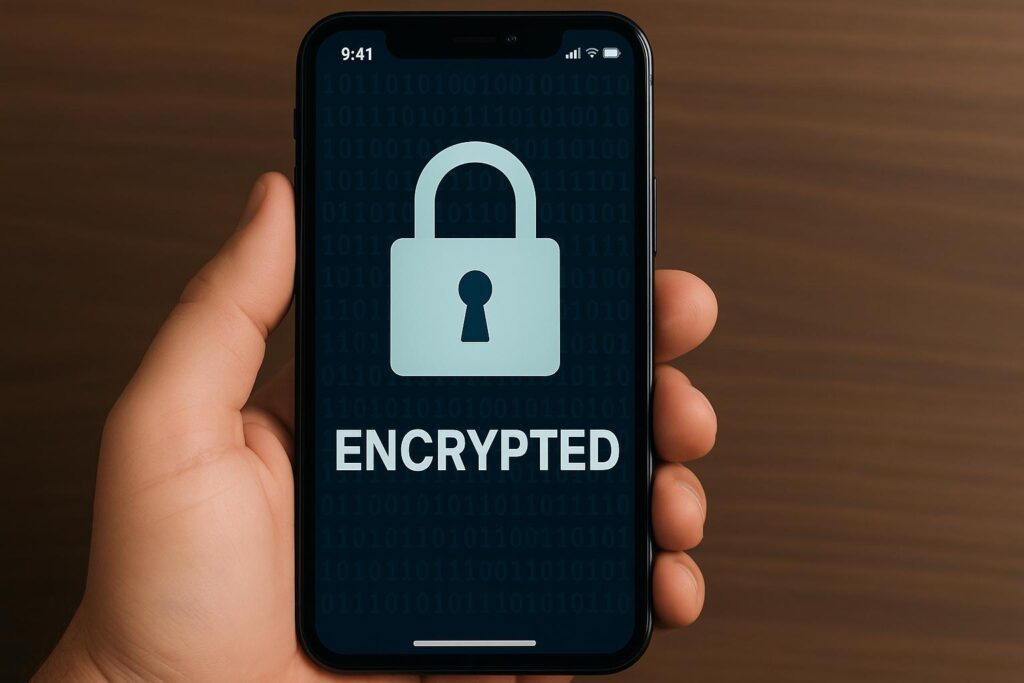 A person holding a smartphone displaying a padlock icon and the word “ENCRYPTED” on screen, representing the concept of encrypted smartphones and secure mobile communication.
