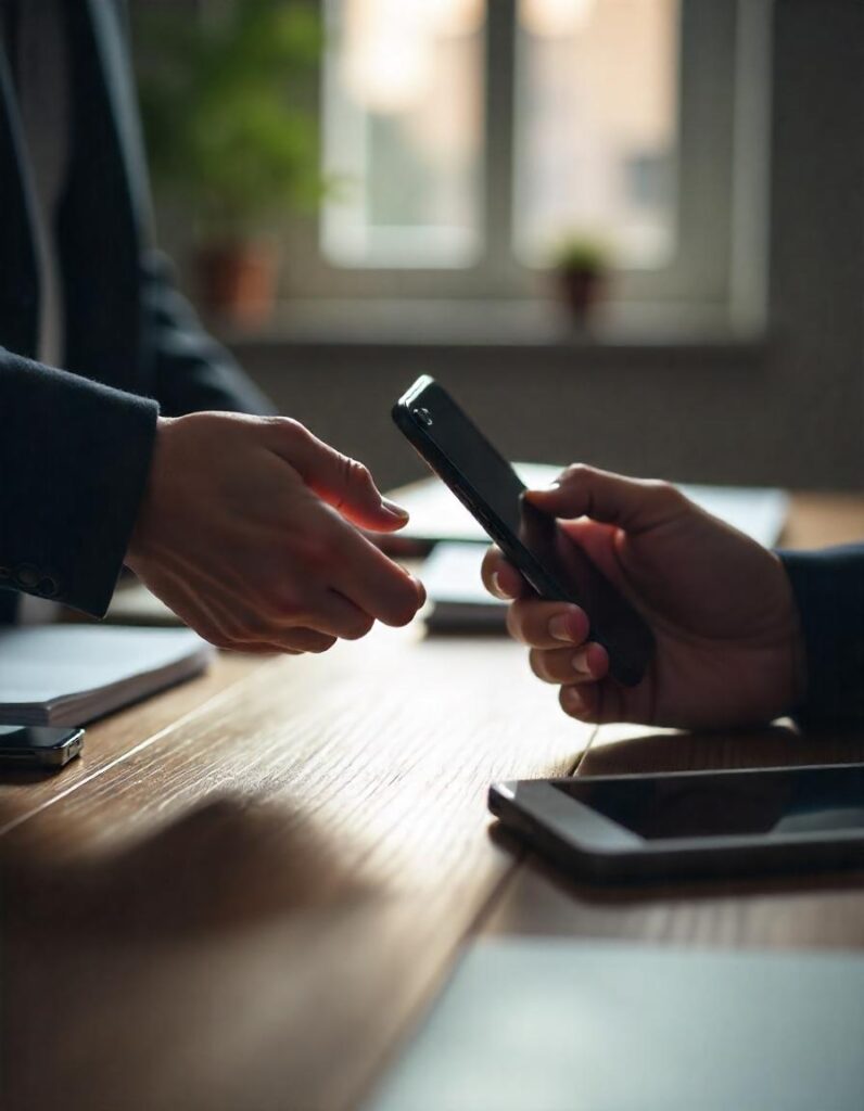 A close-up shot of hands exchanging an old smartphone for an new, encrypted smartphone over a wooden desk in a warmly lit, modern office. The desk is cluttered with tech gadgets and documents.