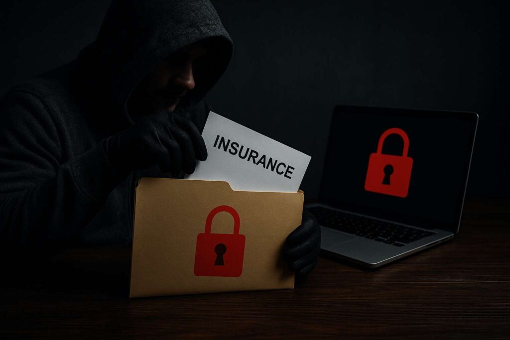 Realistic photo of a hooded hacker stealing an insurance document from a folder, with a glowing laptop screen and red digital padlock symbolizing a data breach