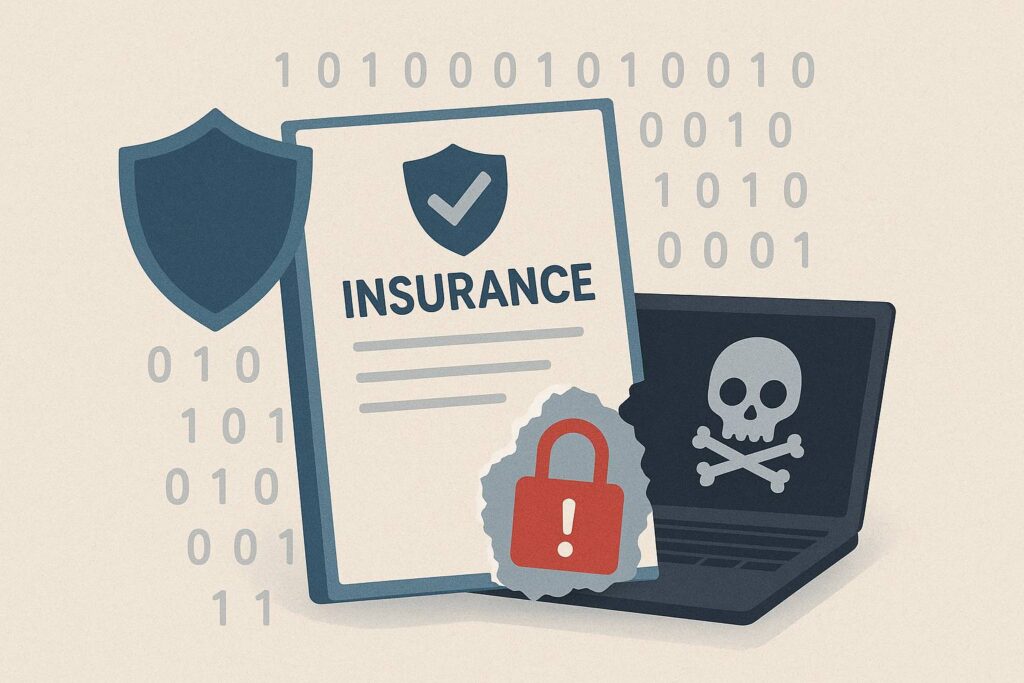 A digital illustration depicting insurance data breaches: a torn insurance document reveals a red padlock with an exclamation mark, while a nearby laptop displays a skull icon. Binary code in the background emphasizes the digital nature of the threat