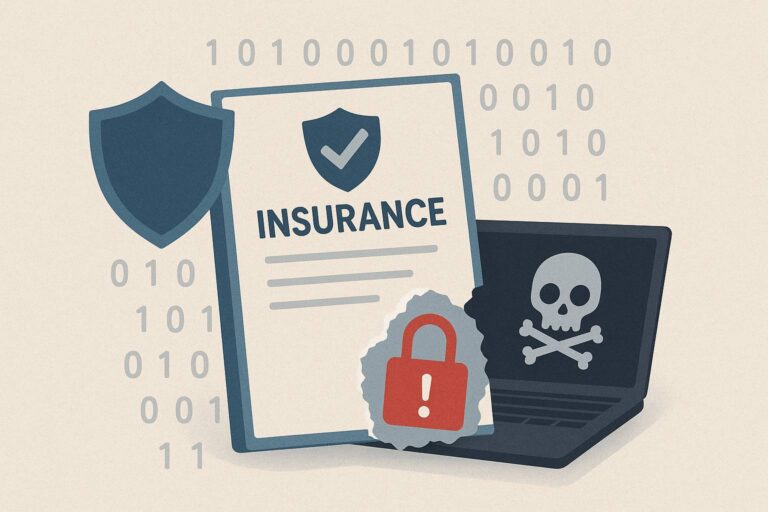 A digital illustration depicting insurance data breaches: a torn insurance document reveals a red padlock with an exclamation mark, while a nearby laptop displays a skull icon. Binary code in the background emphasizes the digital nature of the threat