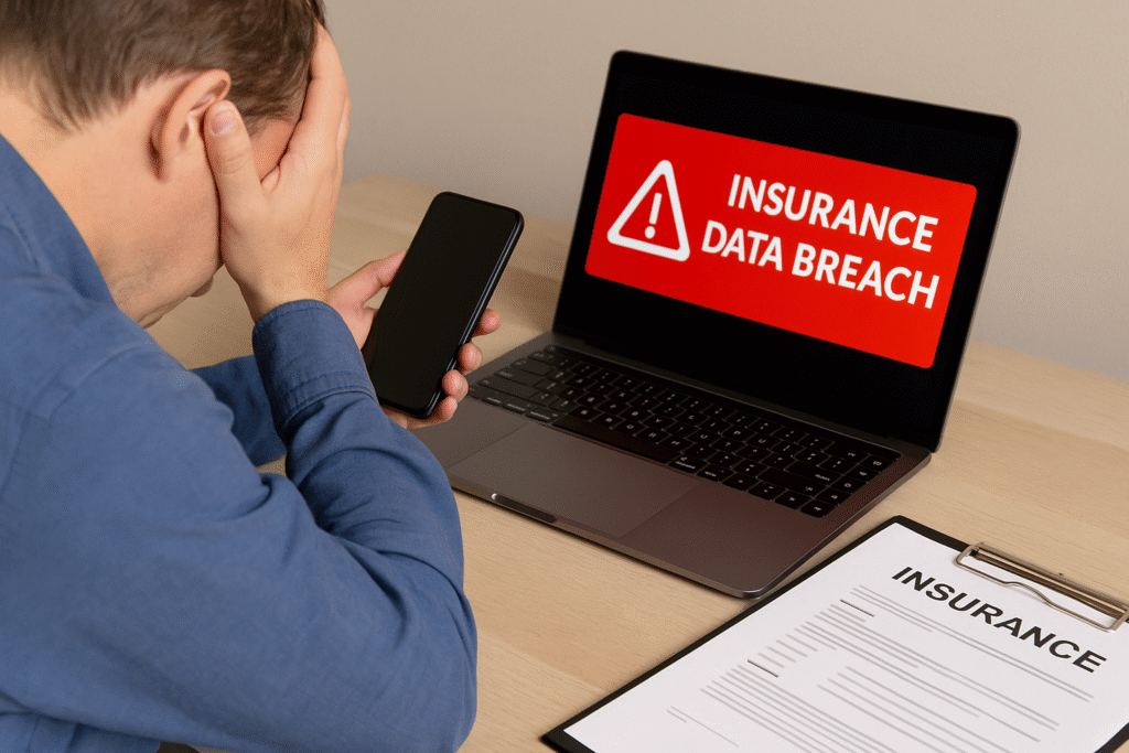 A man holding a phone sits at a desk, visibly distressed while looking at a laptop screen displaying an 'Insurance Data Breach' alert, with a printed insurance document on a clipboard beside him