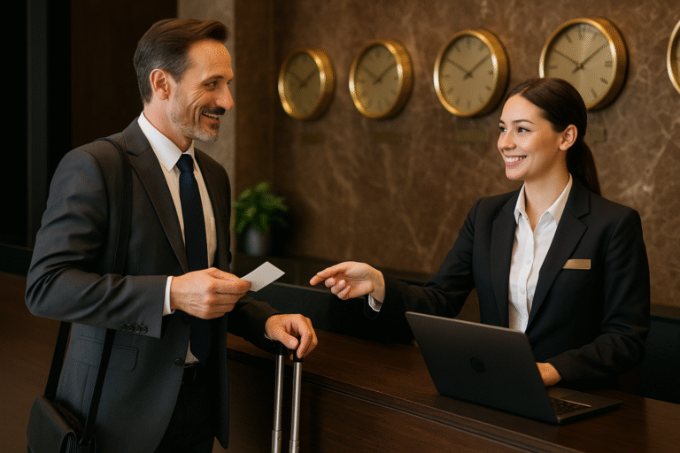A well-dressed executive checks in at a luxury hotel, interacting with the receptionist at a modern front desk. The upscale setting highlights the importance of hotel cybersecurity for high-level guests, with a sleek counter, marble accents, and clocks showing global time zones emphasizing the need for secure, professional accommodations.