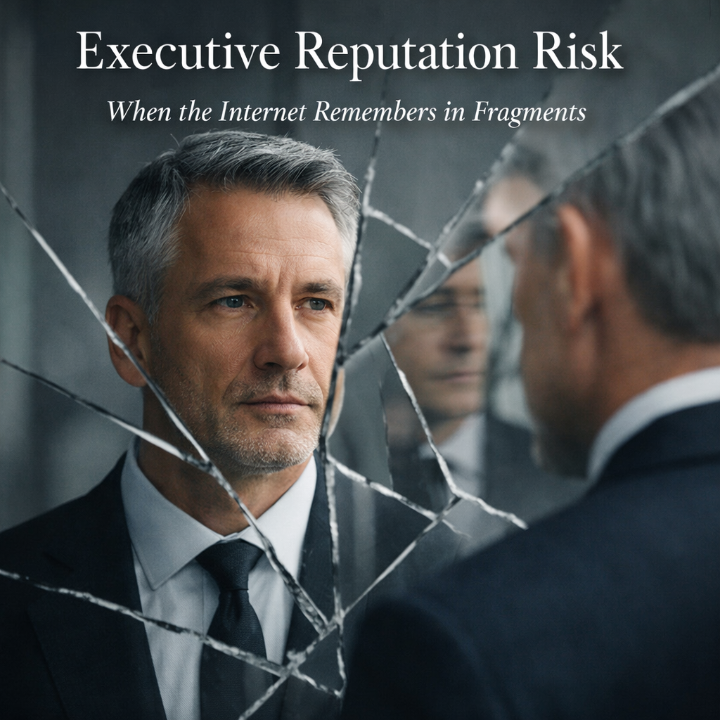 Executive reputation risk illustrated by a distorted reflection of a business leader, symbolizing how online fragments can alter meaning over time.