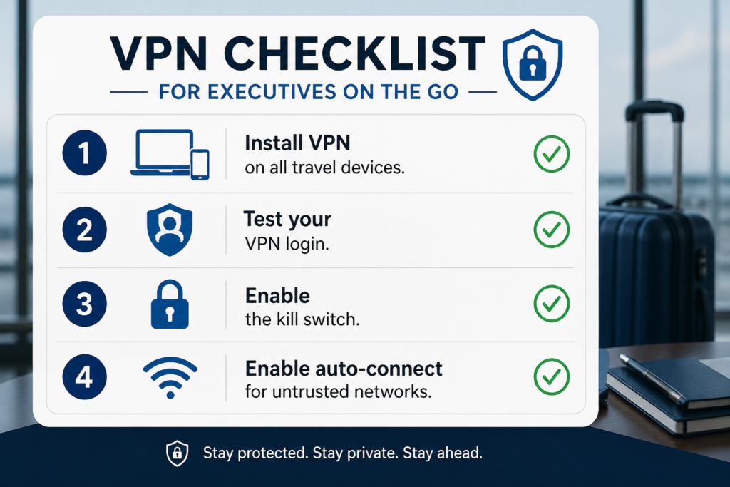 VPN practices for executives checklist showing four travel security steps: install VPN, test login, enable kill switch, and enable auto-connect.