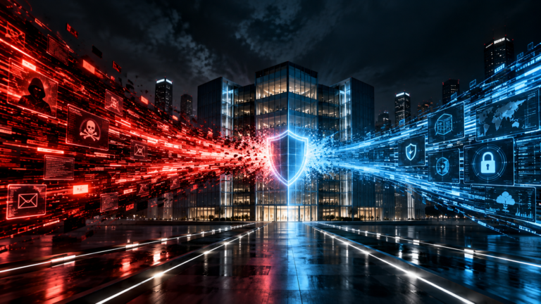 AI cyberattacks racing against cybersecurity defenses as opposing digital streams collide around a protected corporate network.
